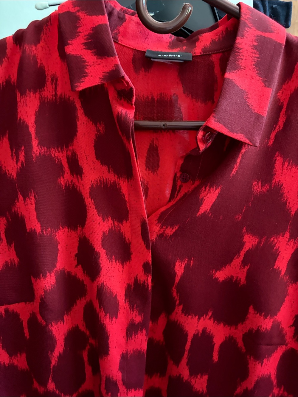 Ratify Akris Red and Burgundy Wool Animal  Print Button-Down Blouse